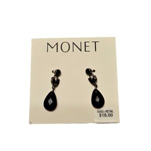 Monet Earrings Drop Dangle Black Rhinestone Silver Tone Pierced